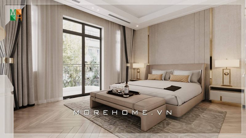 Mẫu thiết kế giường ngủ bệt bọc nỉ màu kem, đầu giường bo cong mềm mại tạo cảm giác thoải mái khi tựa lưng
