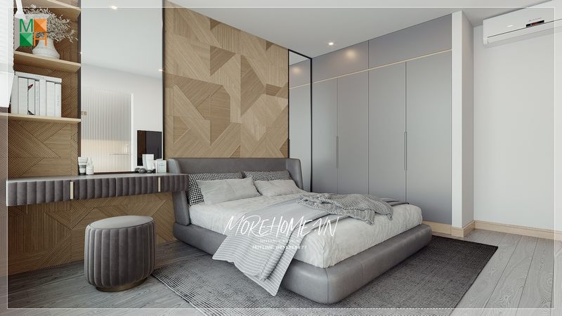 Mẫu giường ngủ bệt bọc nỉ màu ghi kiểu dáng hiện đại cho phòng ngủ chung cư, nhà phố, biệt thự