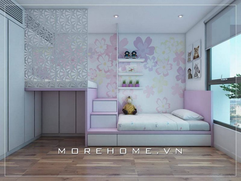 Trang trí phòng ngủ bé gái đẹp mắt, ấn tượng, chiếc giường ngủ kết hợp kệ trang trí tạo cho con thích thú và yêu thích căn phòng của mình hơn